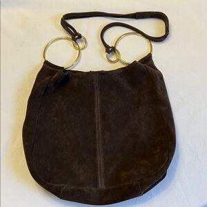 Claudia Firenze Suede Crossbody Slouchy Hobo Tote Bag Chocolate Brown Gold Ring